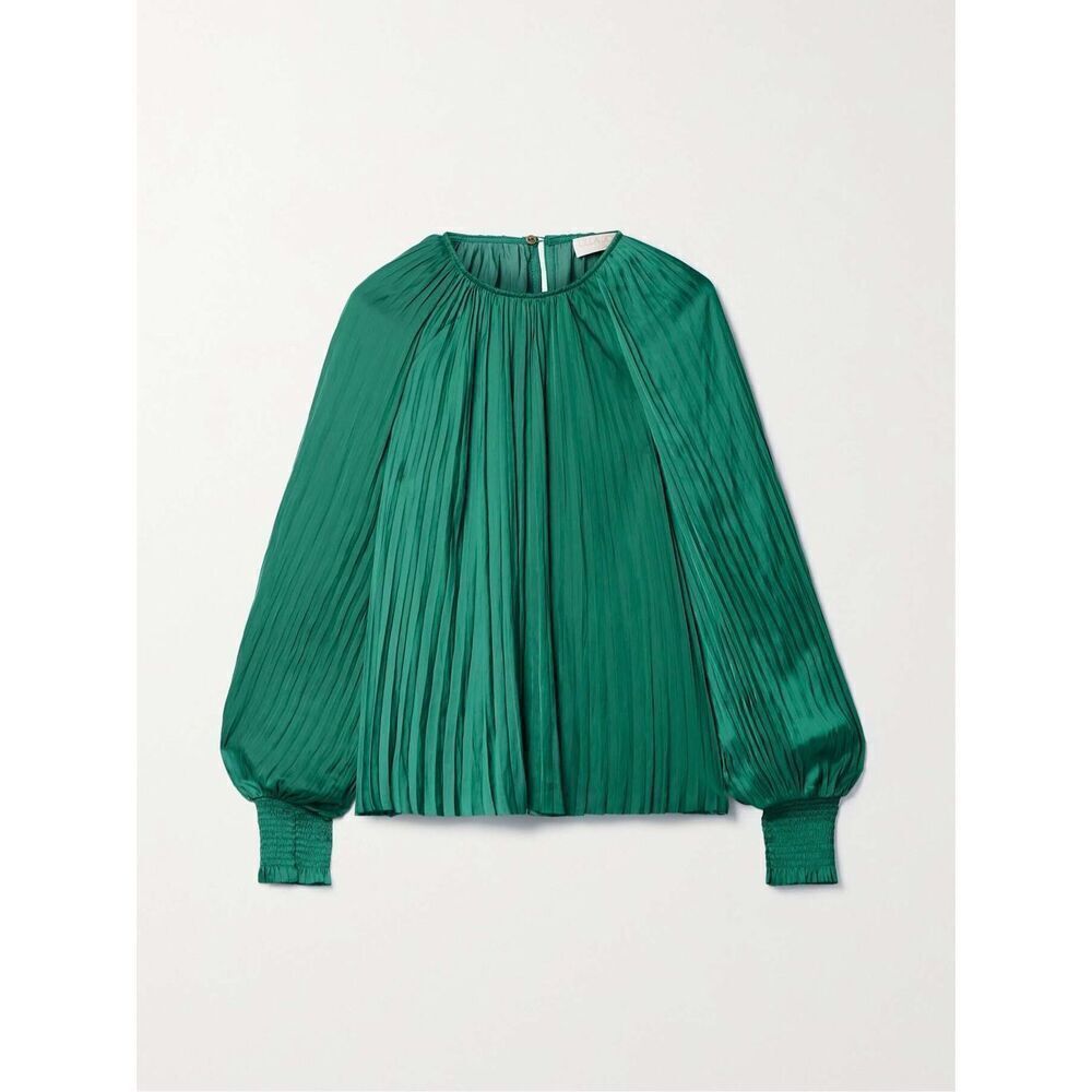 Ulla Johnson Womens Dark Green Satin Long Sleeve Aidy Pleated Blouse Size 8 NWOT